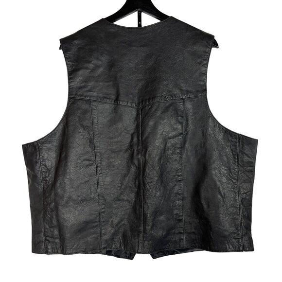 Black Leather Vest Silver Bike Western style 3X Pockets Biker Snap Vtg Retro - Picture 2 of 9